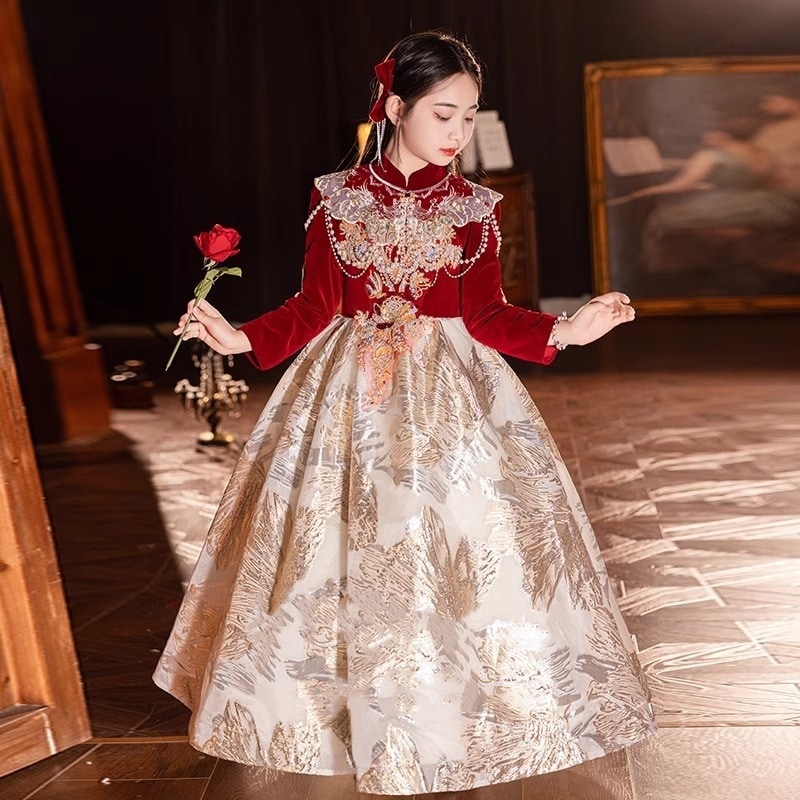 【2枚購入で 3oo円OFF】新しいの子供用ドレスバースデーガールチョンサムドレス長袖ドレスパフォーマンス服