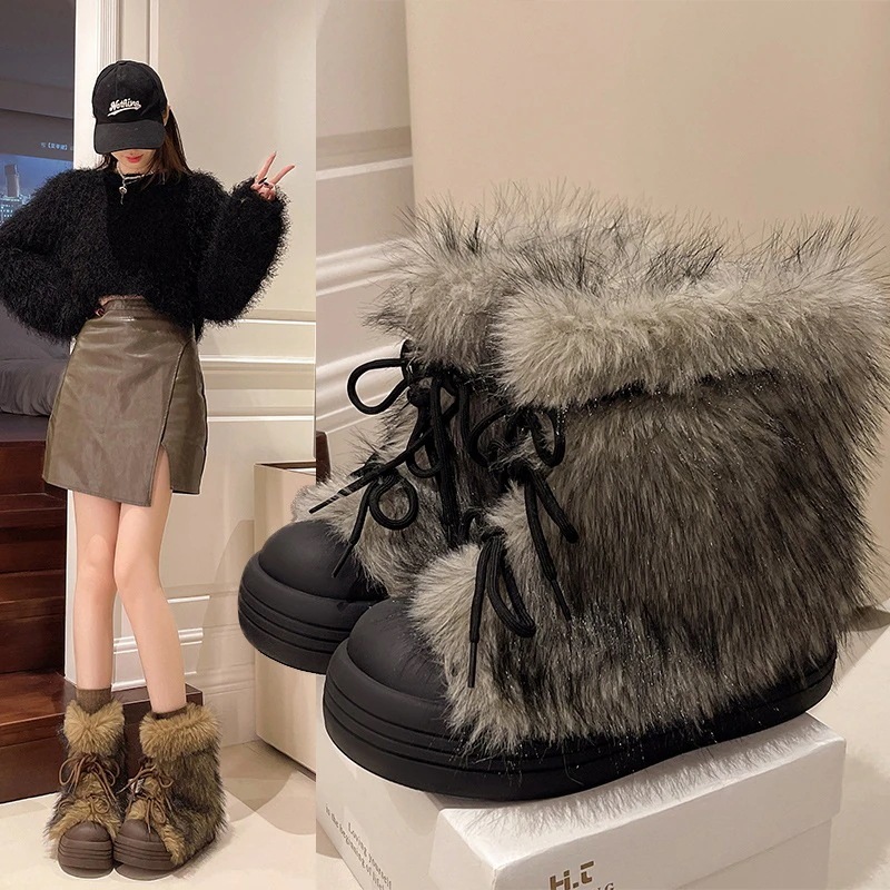 クリスマス2025秋冬 韓国っぽ 4cm厚底ムートンブーツ 防寒暖かいあったか カジュアルレディース厚手 フェミニン美脚脚長靴風スタイルアップ 編み上げ リブ ミドルブーツレースアップシューズ女っぽス