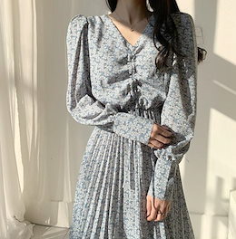 送料無料 ワンピース 春夏小花柄ヴィンテージニュアンス漂うロングワンピース パフスリーブ長袖シフォンドレス