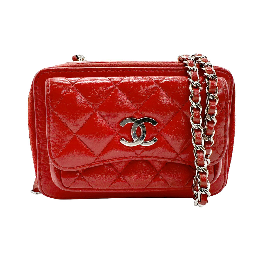 シャネル CHANEL ショルダーバッグ レザー レッド シルバー レディース n0122