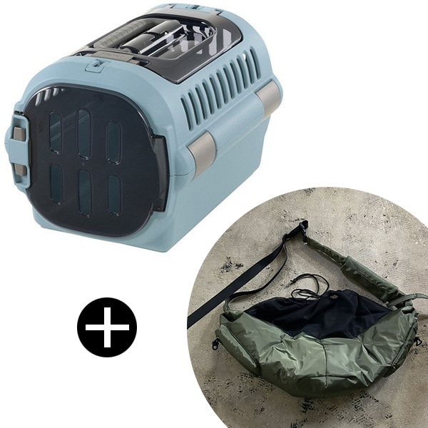 キャンピングキャリーファイン ダブルドア S ブルー + PUFF PET PUFF SLING P25001-54 カーキ ペットキャリー セット