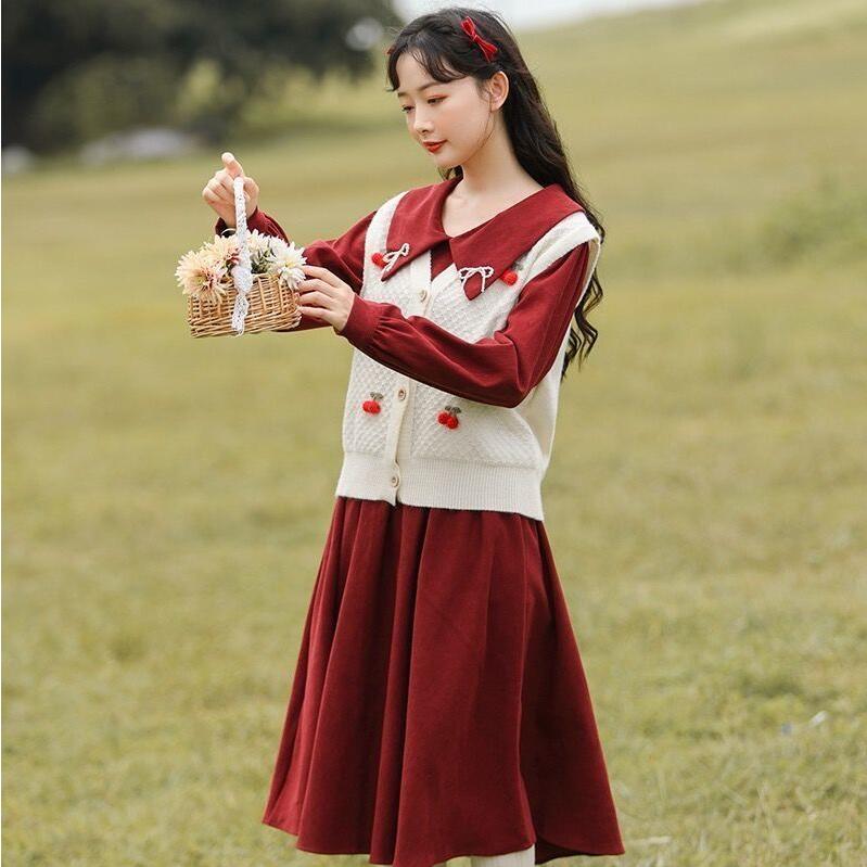 高校生 秋と冬の服 可愛い 上品 エレガント 日常 パーティードレス カジュアル レディース ギフト ニットカーディガンベスト 2点セット 2025PL08