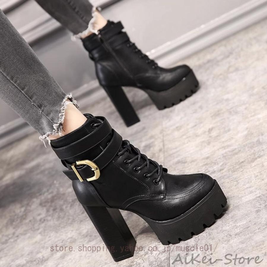 ブーツ ショートブーツ レディース 厚底ブーツ レースアップブーツ 美脚 ラウンドトゥ 無地 ハイヒール 太ヒール 細見せ おしゃれ 痛くない 疲れにくい 秋冬