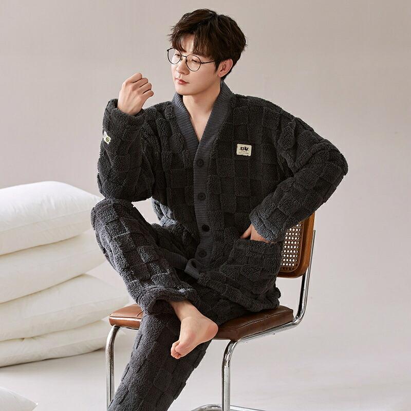【本日限定】モコモコ パジャマ メンズ 冬用 ルームウェア 前開き 厚手 防寒 冬 裏起毛 セットアップ ゆったり パジャマ 秋冬 ルームウェア フランネル シンプル セットモコモコ パジャマ メンズ