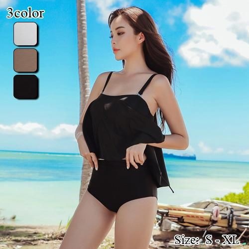 【グラシア】 水着 ハイウエスト レディース ビーチウェア スイムウェア 流行 海 プール ビキニ フレアトップス 細見え フレア 可愛い 大人 ホワイト ブラウン ブラック S M L ビキニ