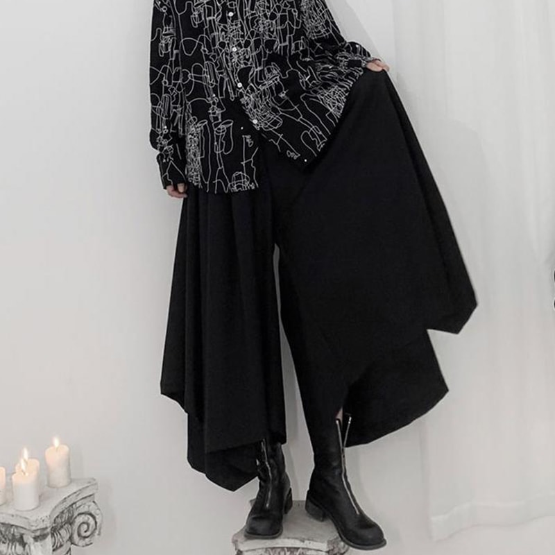 レディースブラックパンツラージサイズサマーニューファッションパーソナリティスーパーカジュアルデザインイレギュラーワイドレッグパンツファッションラージサイズブラックシンプルカジュアルレディースパンツ