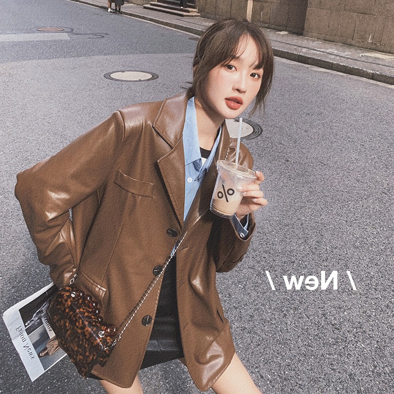 マウンテンパーカーファッションブラウン復古 ゆったりpu皮のコート機関車ジャケットライダース