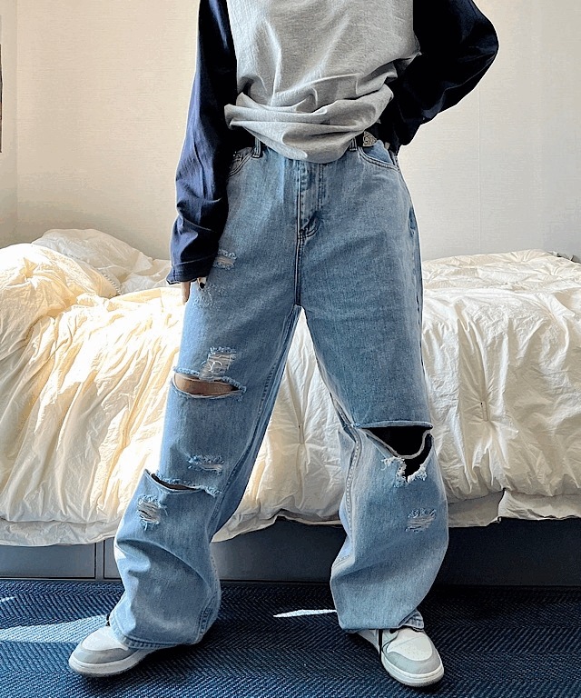 unisex ダメージ ワイド デニム パンツ