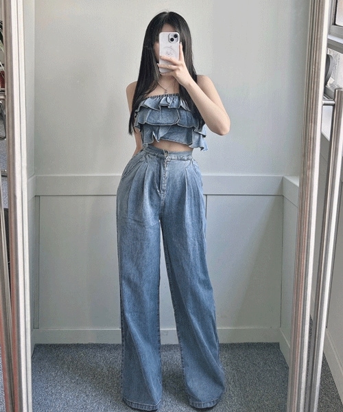 [セット価格/バカンスルック/人生ショット保障!] フリル デニム トップ バンディング トップ デニム スラックス ワイド パンツ ツーピース セット 4,709円