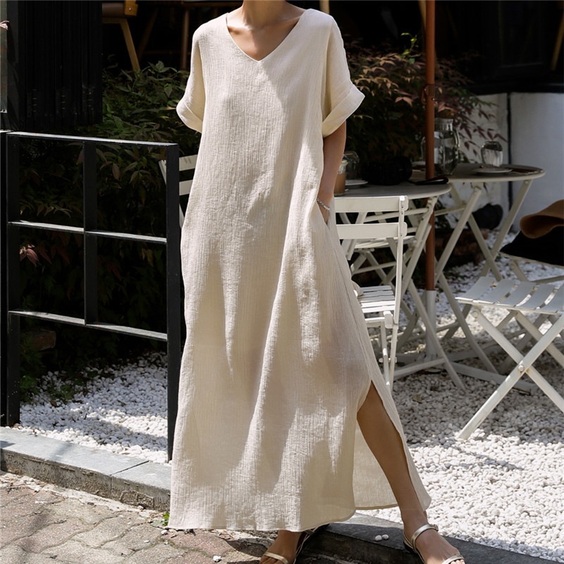 ワンピース 半袖 Vネック Aライン ロング丈 スリット サイドスリット 無地 ルーズ 韓国 レディース かわいい 可愛い キュート 大人可愛い 大人女子 シンプル きれいめ カジュアル