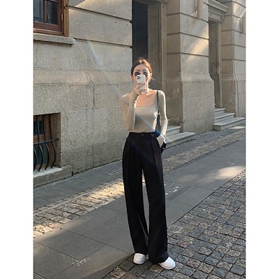 MULVANブラックカジュアルパンツレディース春秋ハイウエストルーズレッグパンツモップパンツ