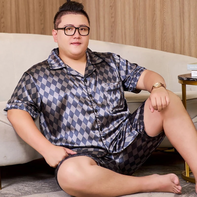 メンズシルクパジャマ,通気性,カジュアル,チェック,ラージサイズ,3XL5XL, 165kg,夏