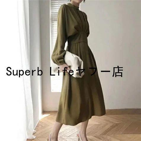 ワンピース長袖秋和風ロング丈マキシ丈ハイウェストハイネックパーティドレスカシュクールロングドレスギャザーフレアAラインカーキブラックナ 7,700円