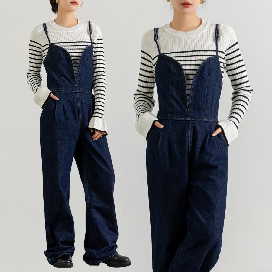 サロペット オールインワン パンツ デニム ビスチェライク レディース ゆったり キャミソール 肩ひも調節 アジャスター
