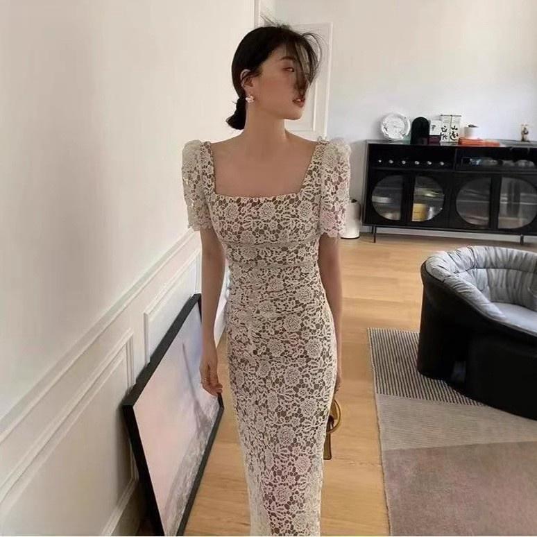 韓国デザイン夏季新款高級感　上品お嬢様スクエアネックタイトスカート透かし彫り ワンピース