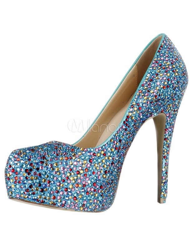 マルチカラーグリッターラインストーンシープスキンプラットフォームパンプス