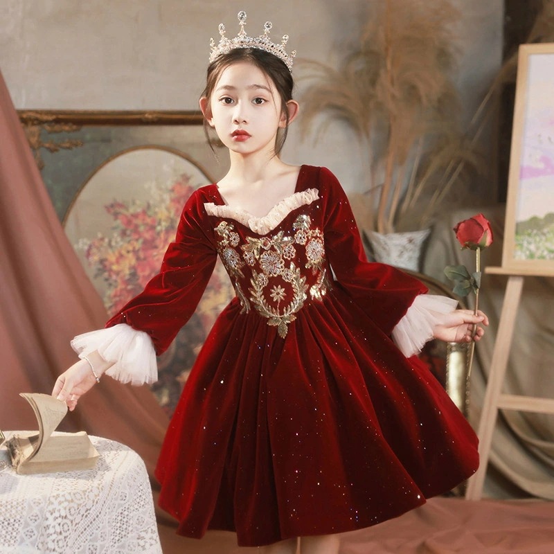 子供ドレス ワイン赤 ベロア ベルベット 女児ドレス ショート丈 長袖 レース 刺繡 スパンコール キレイめ 七五三ドレス ワインレッド 結婚式 可愛い 女の子ドレス キッズドレス ショート丈 子ども