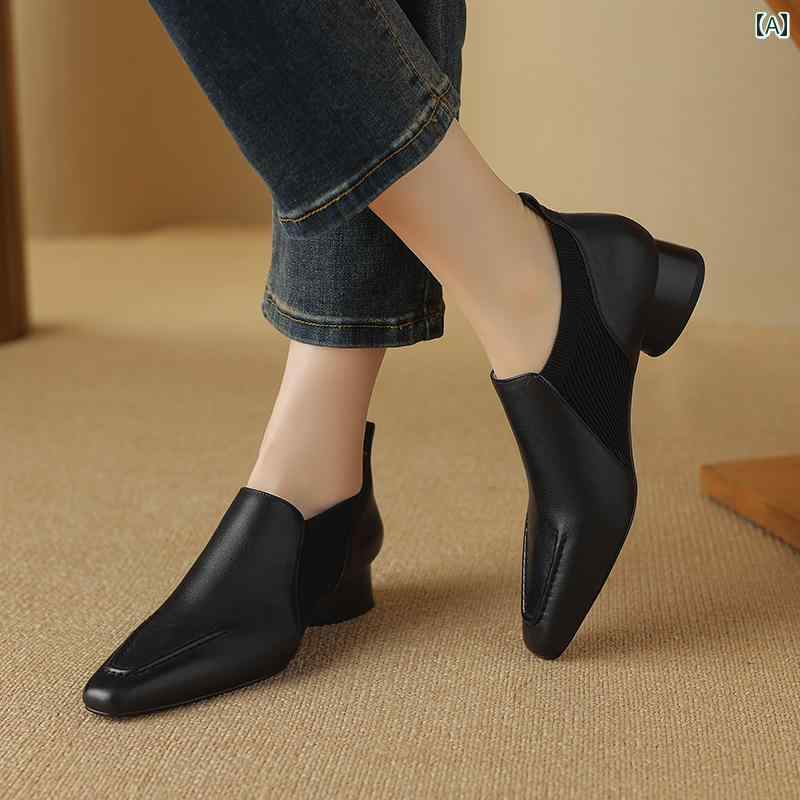 ローファー レディース オフィス 通勤 仕事 レトロ ソフトレザー 牛革 スクエアトゥ 深い 口 女性用 シングル シューズ ローヒール 英国 小さい 革靴 太い ヒール 快適