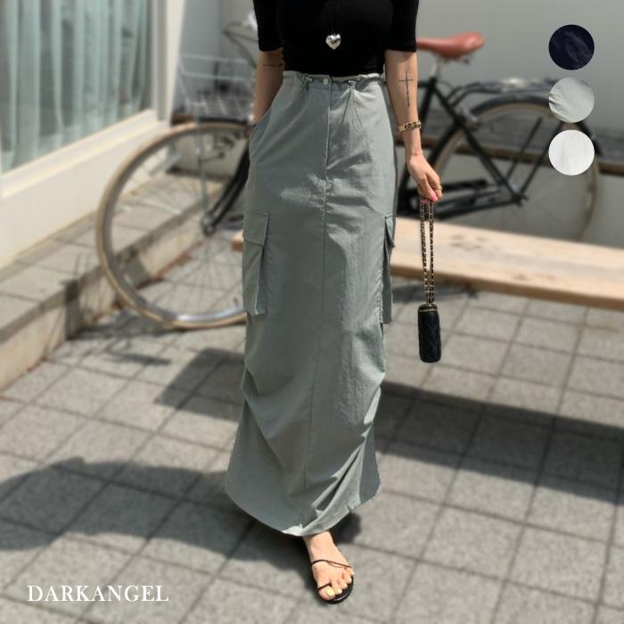 ウエストドロストカーゴスカート ロング丈 ボトムス 韓国ファッション 韓国 バックゴム 楽ちん サイドポケット カーゴ タイトスカート カジュアル ストリート 5,585円