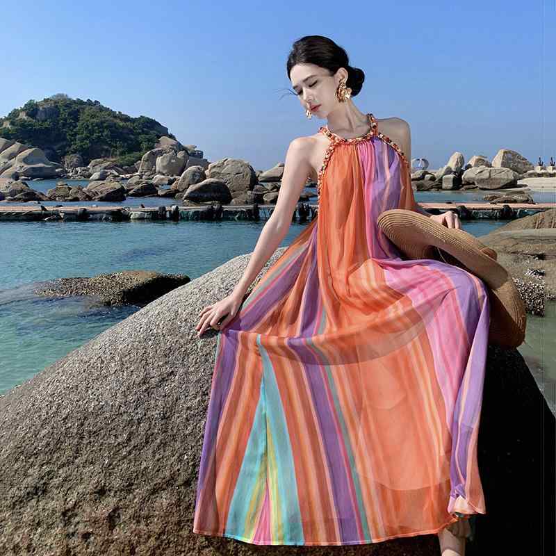 ワンピース レディース 大人 レインボーストライプ ドレス ホリデー スタイル ホルターネック サスペンダー ロング スカート リゾート 海辺 ドーパミン ビーチ スカート
