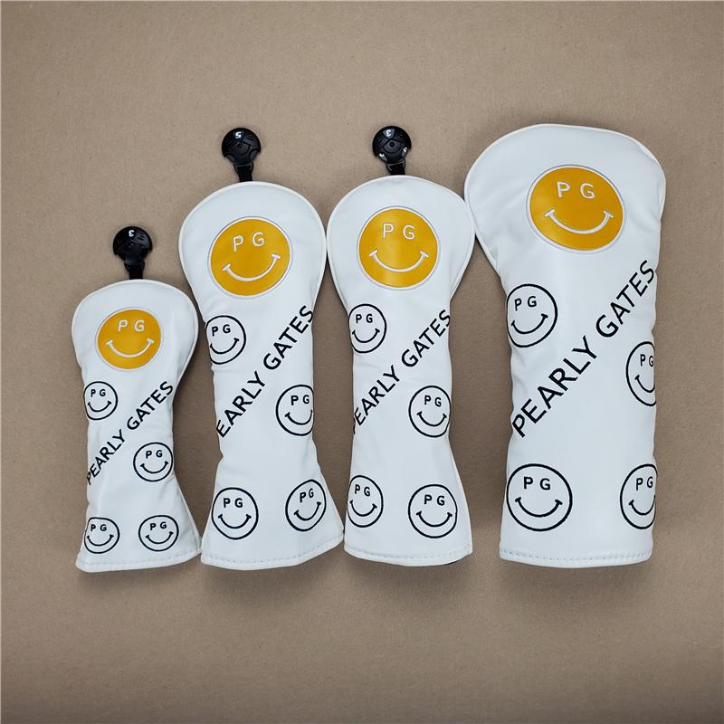 即納 ゴルフ ヘッドカバー ウッドカバー ドライバー ユーティリティ スマイル 4点セット ホワイト オシャレ PU革 防水仕様 保護 傷防止