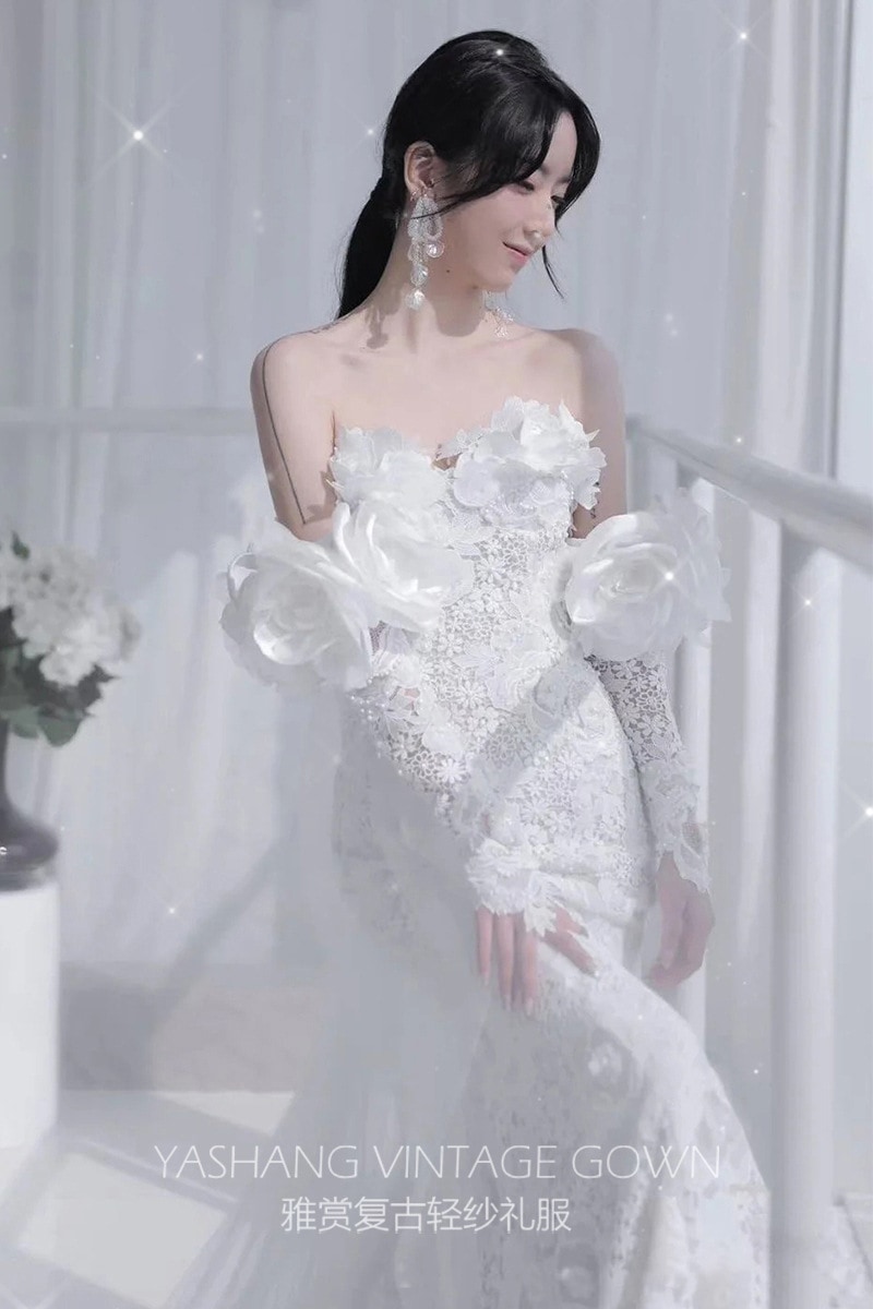 超仙影楼新モデル撮影軽奢高定主題軽紗レース花魚尾修身街写外写ウエディングドレス