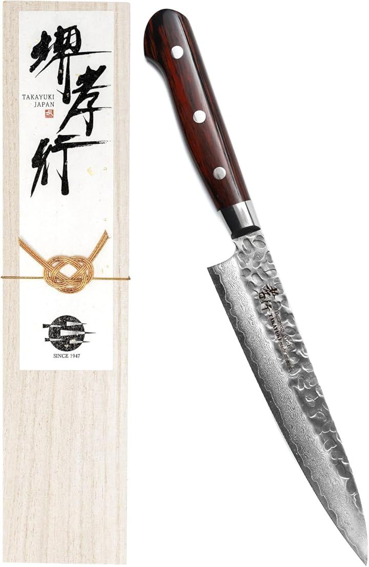 堺孝行 プロの料理人が愛用600年の伝統技術 ダマスカス 33層槌目 ペティナイフ 150mm マホガニー柄 日本製 果物ナイフ フルーツナイフ (ダークブラウン, 150 mm)
