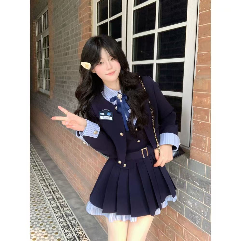 日系スイートjk制服フェイクプリーツワンピース2枚ブレザー学院風スーツ春