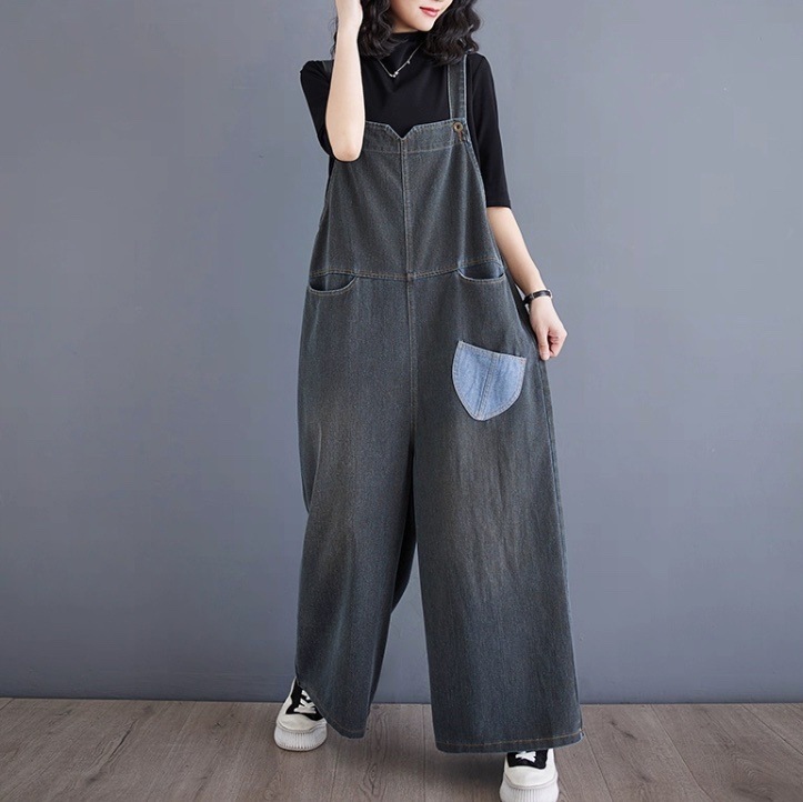 レディース パンツ サロペット デニム ストレートパンツ カバーオール オーバーオール 丈長 フルレングス 袖なし ノースリーブ フェミニン ストリート ウエストマーク ポケット ハイウエスト