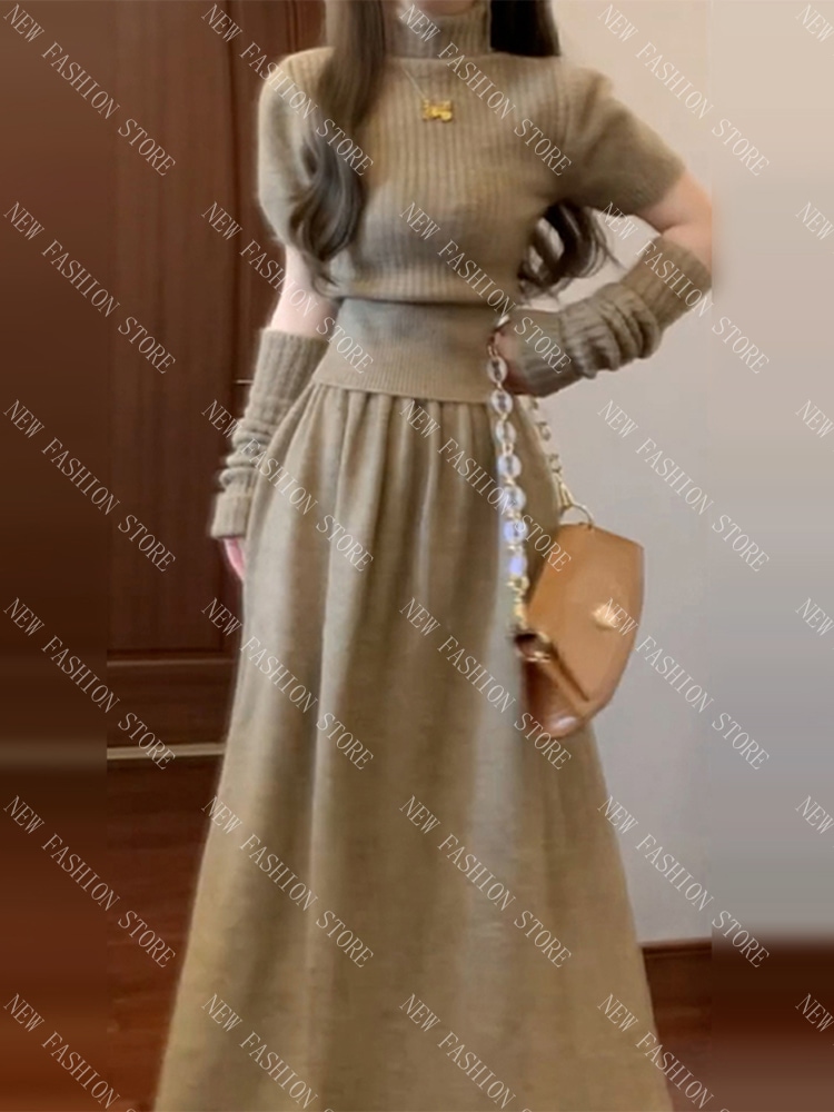 ニットワンピースレディース秋冬スーツロングスカート-12