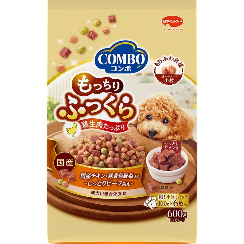 （まとめ買い）日本ペットフード コンボ ドッグ もっちりふっくら 国産チキン/しっとりビーフ添え 600g（100gx6） 犬用フード [x5]