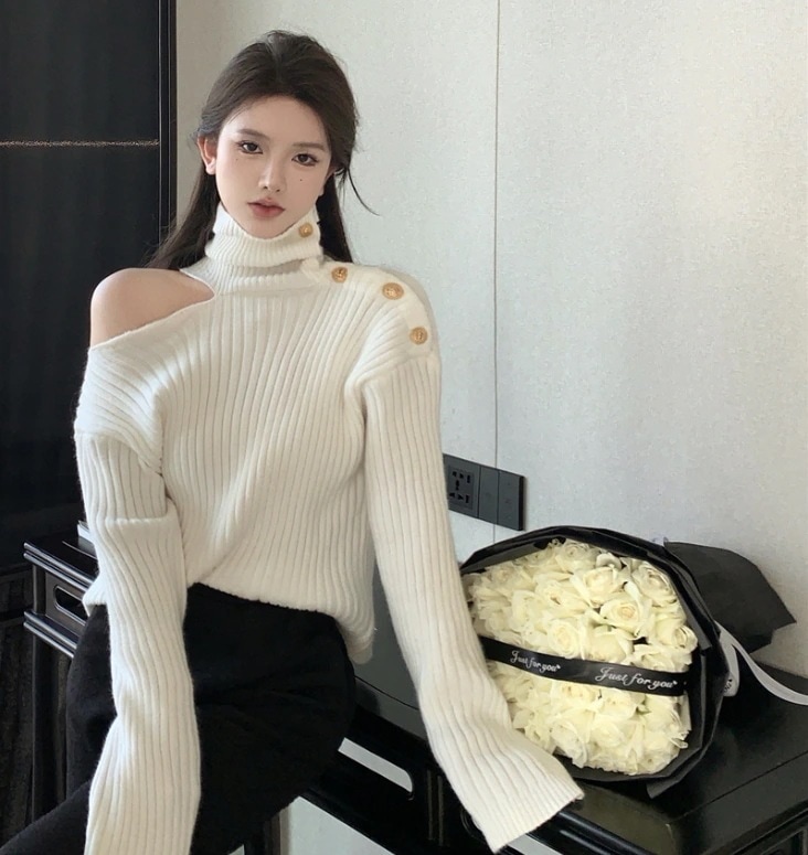 タートルネック ニットセーター セーター ニット フェミニン セクシー トップス デート 長袖 タートルネック オフショルダー オフショル ワンショルダー ワンショル 伸縮性 ボタン かわいい