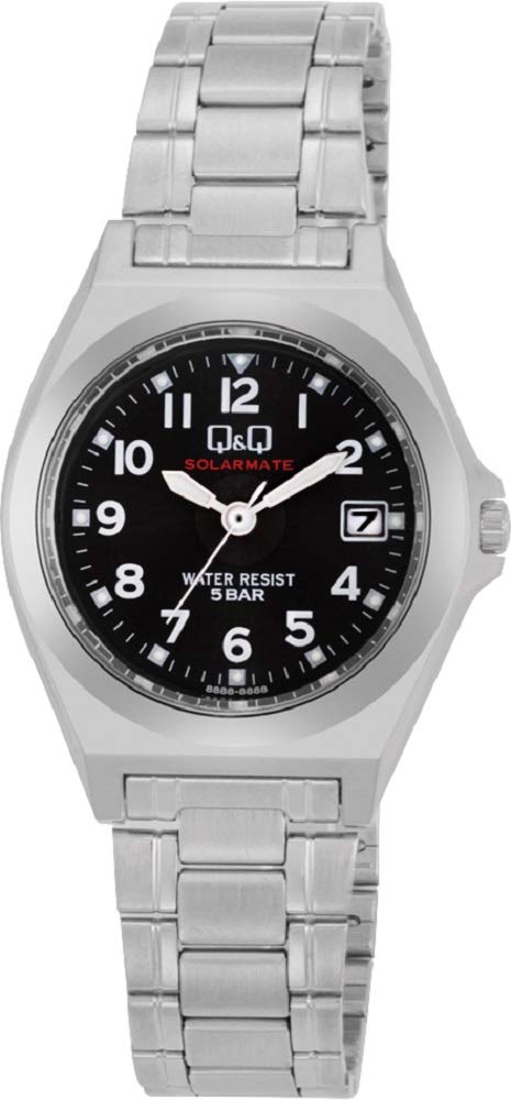 [キューアンドキュー] 腕時計 アナログ ソーラー 防水 日付 メタルバンド 黒 文字盤 H061-205 レディース シルバー