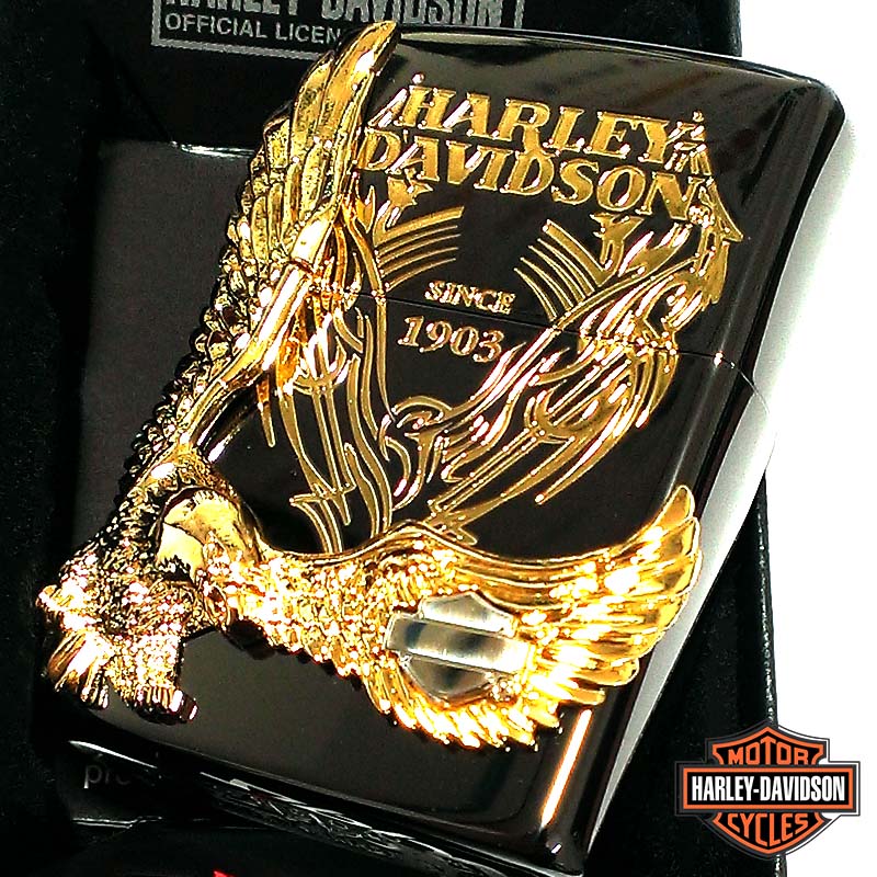ZIPPO ライター ハーレーダビッドソン ジッポ イオンブラック&ゴールド イーグルメタル 国内限定モデル 黒金 かっこいい 鷲 おしゃれ メンズ ギフト プレゼント