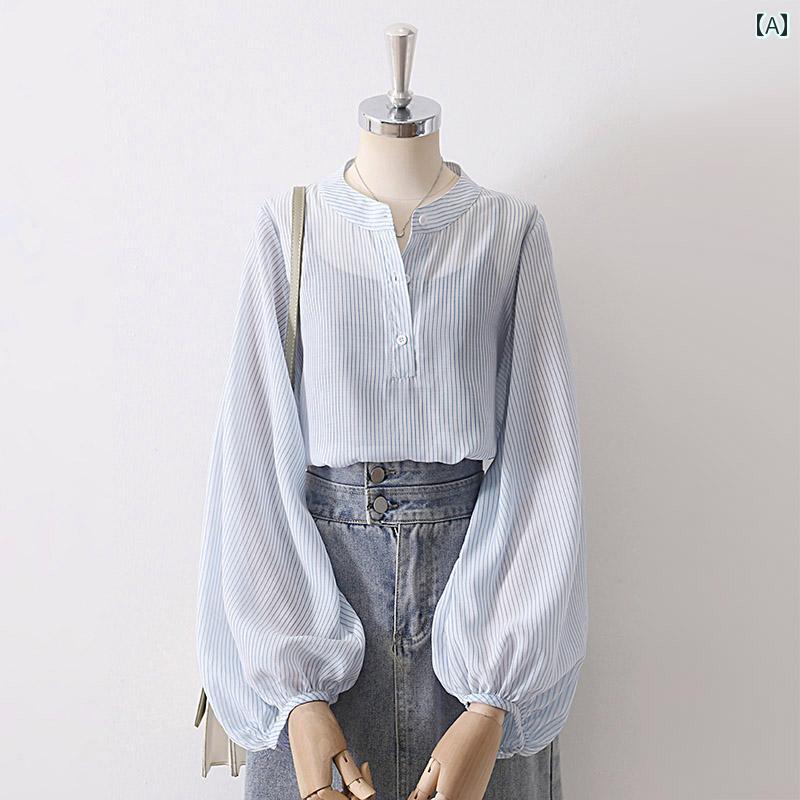 レディース トップス ブラウス 通勤 オフィス 普段使い ドレープ ブルーストライプ シフォンシャツ 初秋 薄手 プルオーバー 日焼け防止 シャツ 快適 ランタンスリーブ シック
