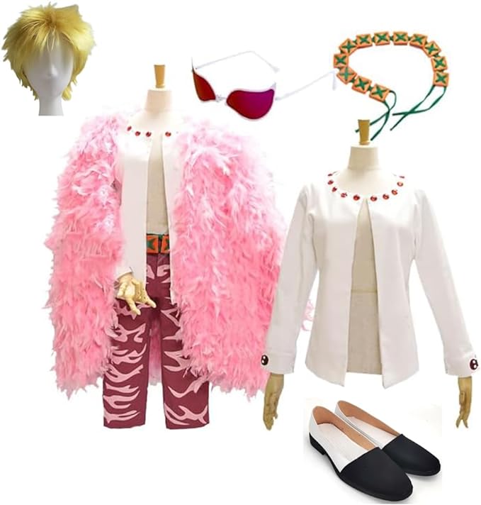 コスプレ衣装ONE PIECE ドンキホーテドフラミンゴ 風 コスチューム アニメ 祭り ハロウィン クリスマス 文化祭 コスチューム アニメ 祭り 学園祭 仮装 飾り付き メガネ ウィッグ 靴追加