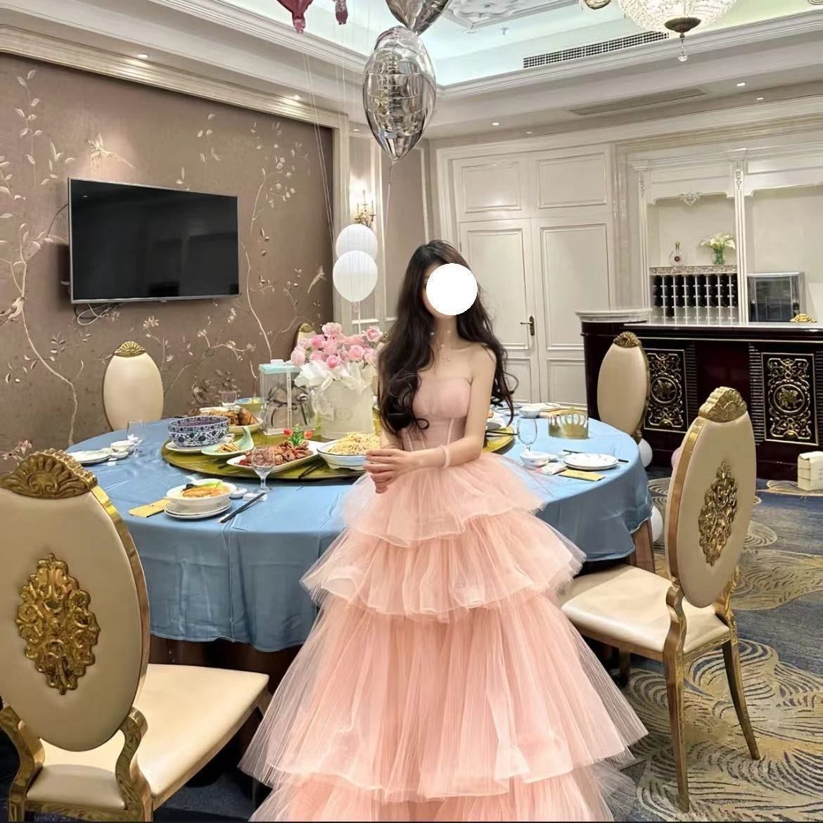 【2枚購入で 3oo円OFF！】アダルトギフトバースデードレスエンゲージメントバンケットドレスストラップレスプリンセスガーゼスカート