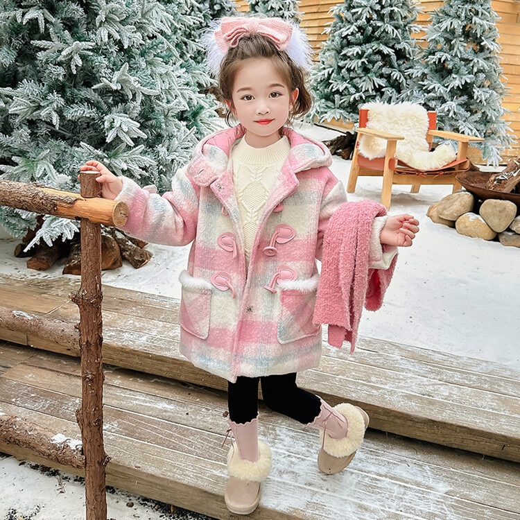 女の子ウールコート2024年秋冬新作子供用冬コートキルティング厚手ミドル丈ウールフード付きコート