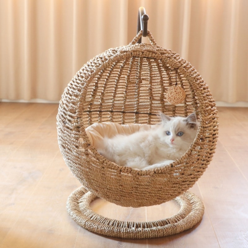 猫 ベッド ラタン 球形 クッション 付き バスケット ソファ おしゃれ かご 手作り ハウス おもちゃ 付き 吊り型 通気性 動物 小型ペット