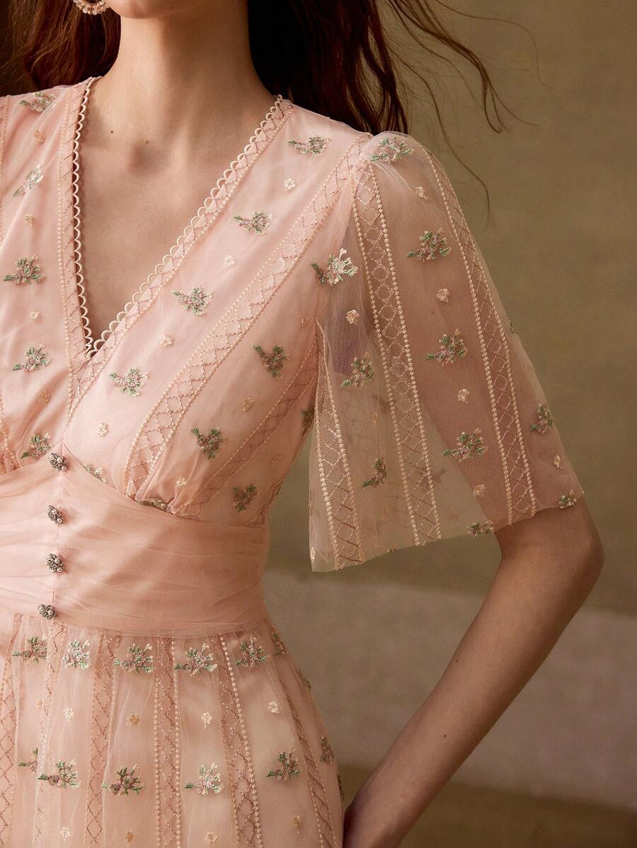 女性用Vネック 半袖 刺繍メッシュドレスカジュアル&デートウェア春夏