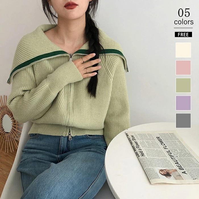 ニット カーディガン ニットセーター レディース セーラーカラー 配色 ボーダー柄 前開き セーラー襟 リブ編み 切り替え ジップアップ カーディガン ダブルジップ ゆったり 長袖 アウター vネック 5,003円