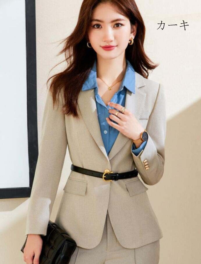 新作追加 レディーススーツ ビジネス 通勤 上品 4色 カーキ ブラック ピンク コーヒー 2点セット 上下セット セットアップ ジャケット パンツ 春秋冬 入学式 卒業式 結婚式 パンツスーツ 一つ