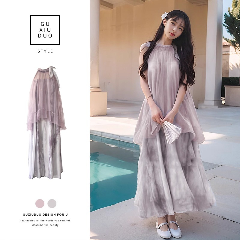 夏レディースやや太めスタイルフレンチ風二の腕カバーインテリカラフルアート学生ドレス