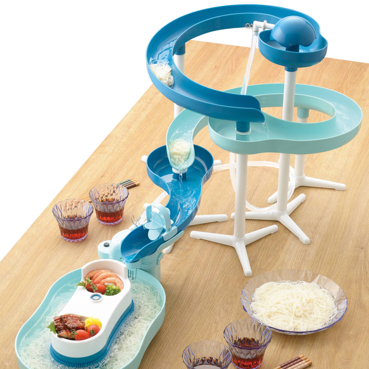 流しそうめん器 流麺 ツイストスライダーそうめん流し器 ミントブルー 電動 流しそうめん機 そうめん 流しそうめん 電池式 素麺 ソーメン 薬味置き パーティー 卓上 コードレス