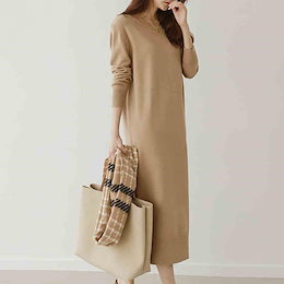 ニットワンピース/スリットニットワンピース/長袖のニットワンピース秋冬ロング丈ワンピース レディース マキシ丈 おしゃれ 可愛い Vネック バルーン袖 無地 楽天人気アイテム