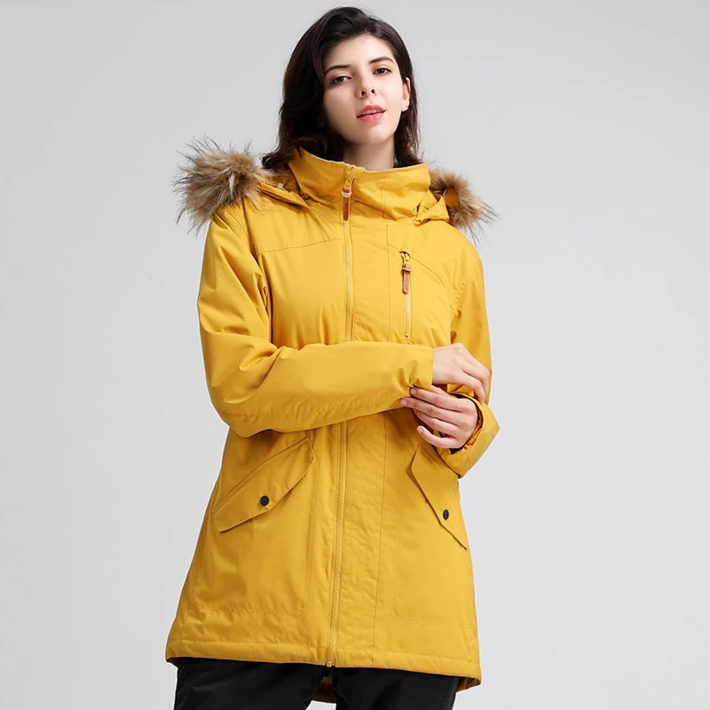 スノーボードウェア ジャケット 単品 ロング丈 レディース フード付き 黒 スノーウェア スキーウェア スノボ おしゃれ イエロー オリーブ 防風防水防雪防寒保温通気 耐摩擦 韓国