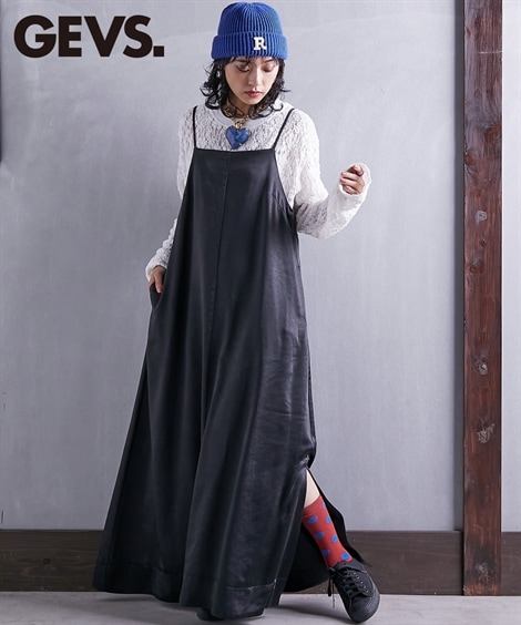 ロングマキシ丈/半袖 大きいサイズ サテンキャミソールマキシワンピース GEVS.