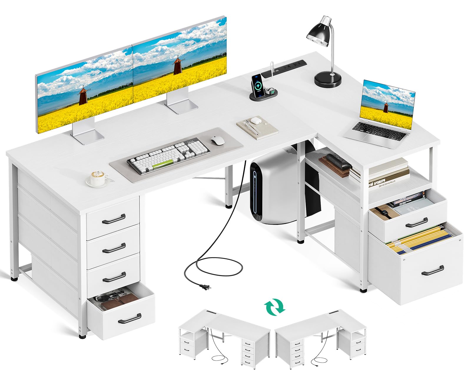 AODK パソコンデスク 引き出し6杯付き ゲーミングデスク コンセント付き l字デスク デスク 机 幅140 pcデスク 棚付き desk 収納 ワーク オフィスデスク 在宅勤務 仕事用 組立簡単