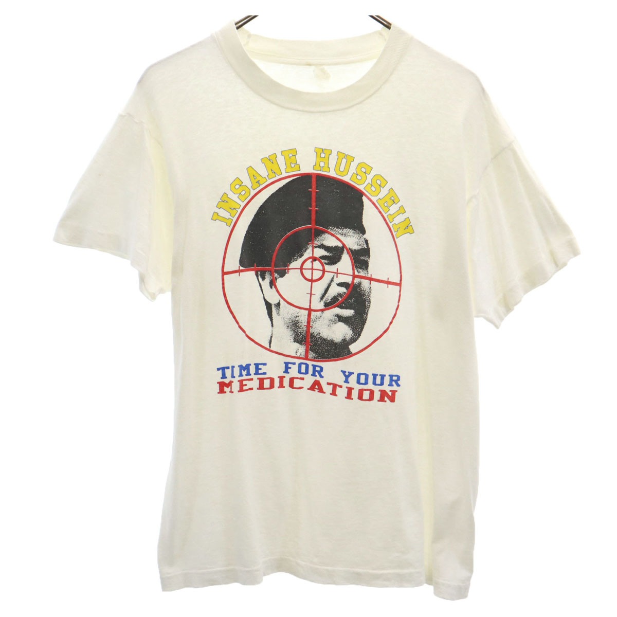 VINTAGE ヴィンテージ 80s サダムフセイン 半袖 シングルステッチ 偉人 Tシャツ ホワイト INSANE HUSSEIN メンズ 古着