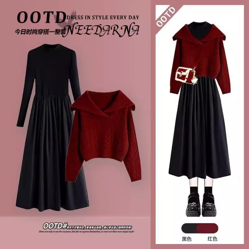 女性の服のスーツ春の新しいモデルの優しい系のファッションやせて見える気質赤いセーターのワンピース2件のスーツです